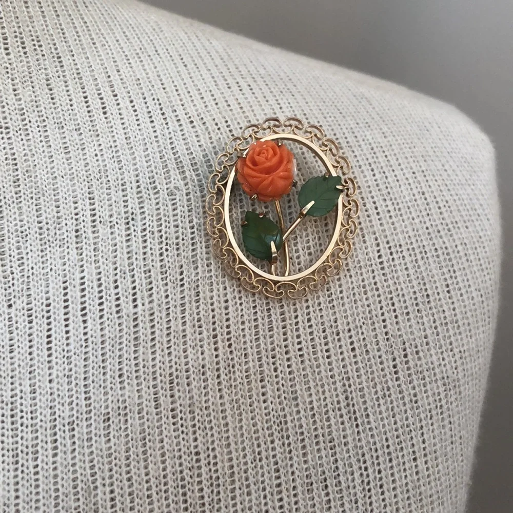 Vintage Gold Plated Coral Rose and Jade Leaves Pin
